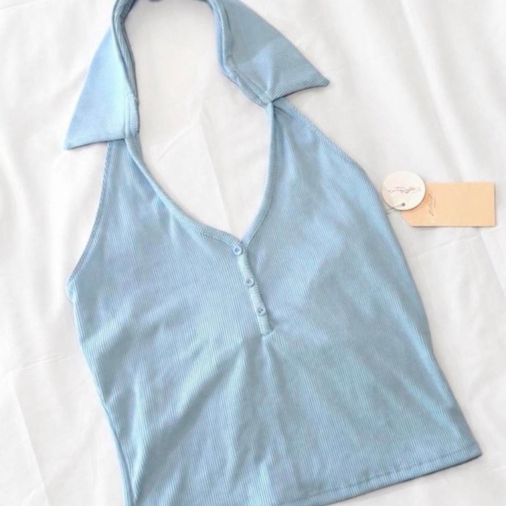 Blashe Blue Halter Top Button Detail Preppy Y2K Ribbed Tank Size M